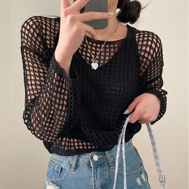 Crop Top Crochet - Вязаный кроп-топ с длинными рукавами, сетчатый