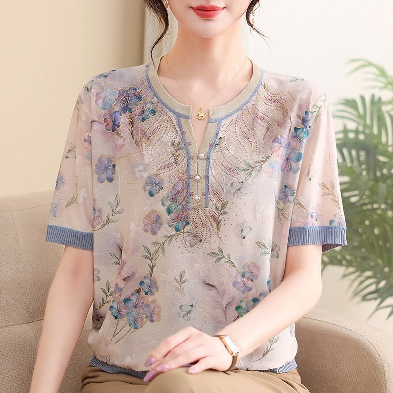Romper Floral Print - Элегантная женская блузка из ледяного шелка
